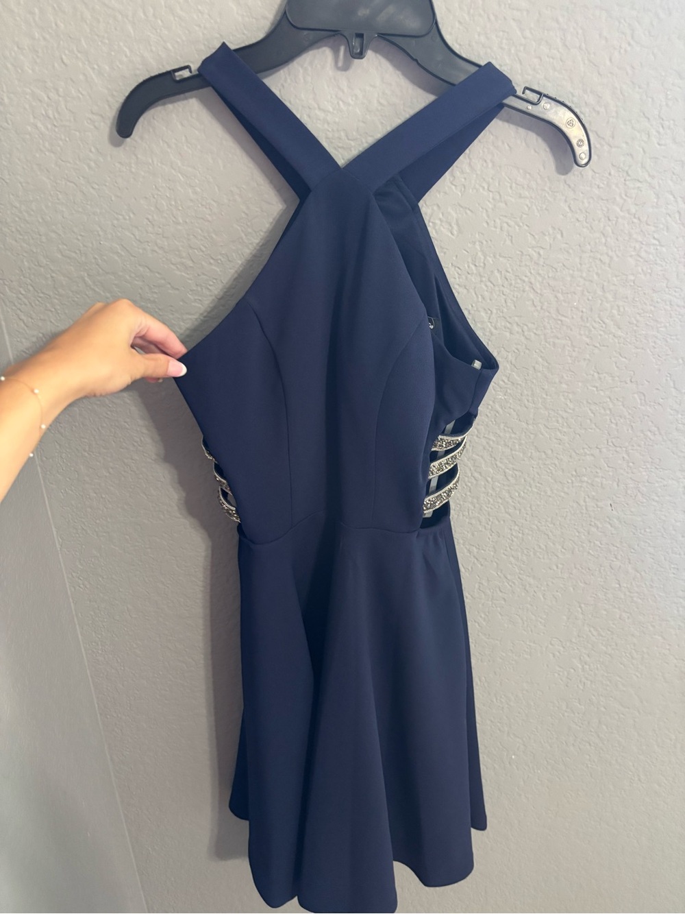 Navy Crossback Fit & Flare Dress with Side Embellishments